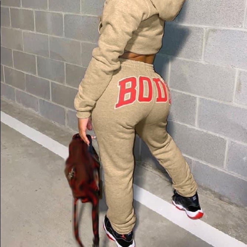 2 Piece Tan “BODY” Sweat Suit set